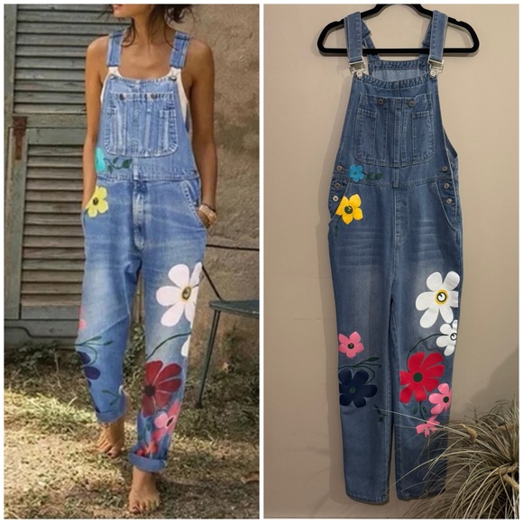 Denim - Floral Denim Overalls Bohemian Western, Farmer, Hippy Women's Sz M